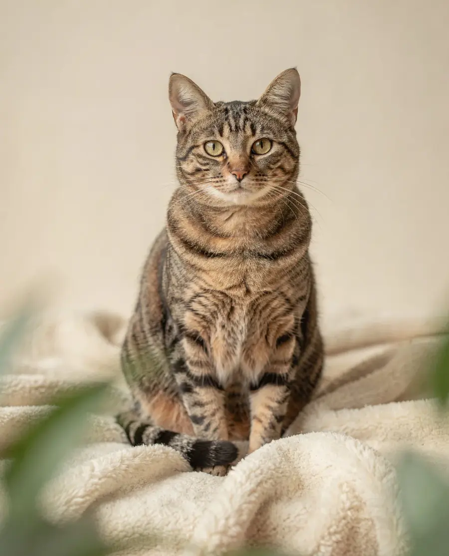Gato rajado tranquilo, sentado sobre uma manta creme
