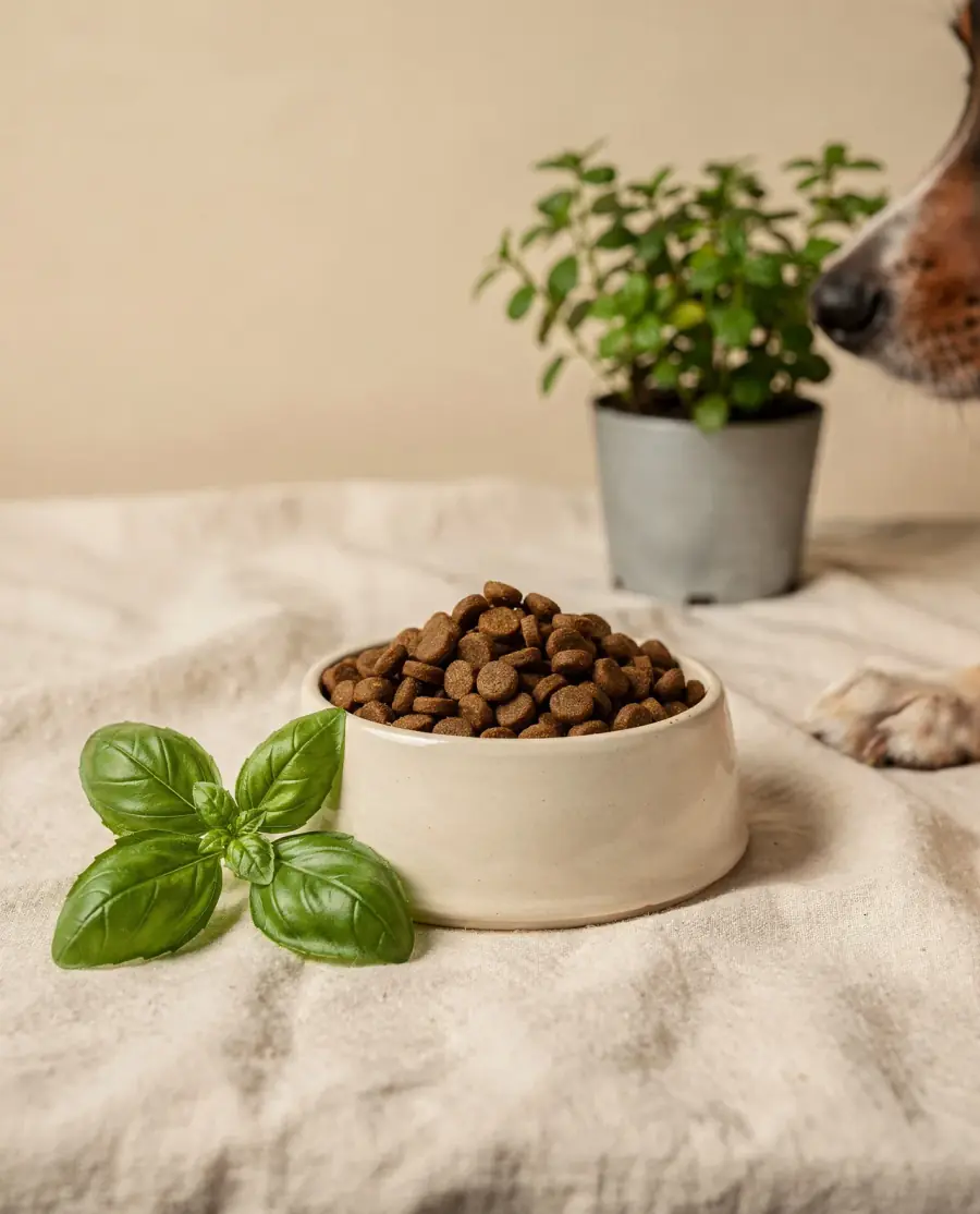 Pote de ração ao lado de folhas de manjericão e um vaso de planta