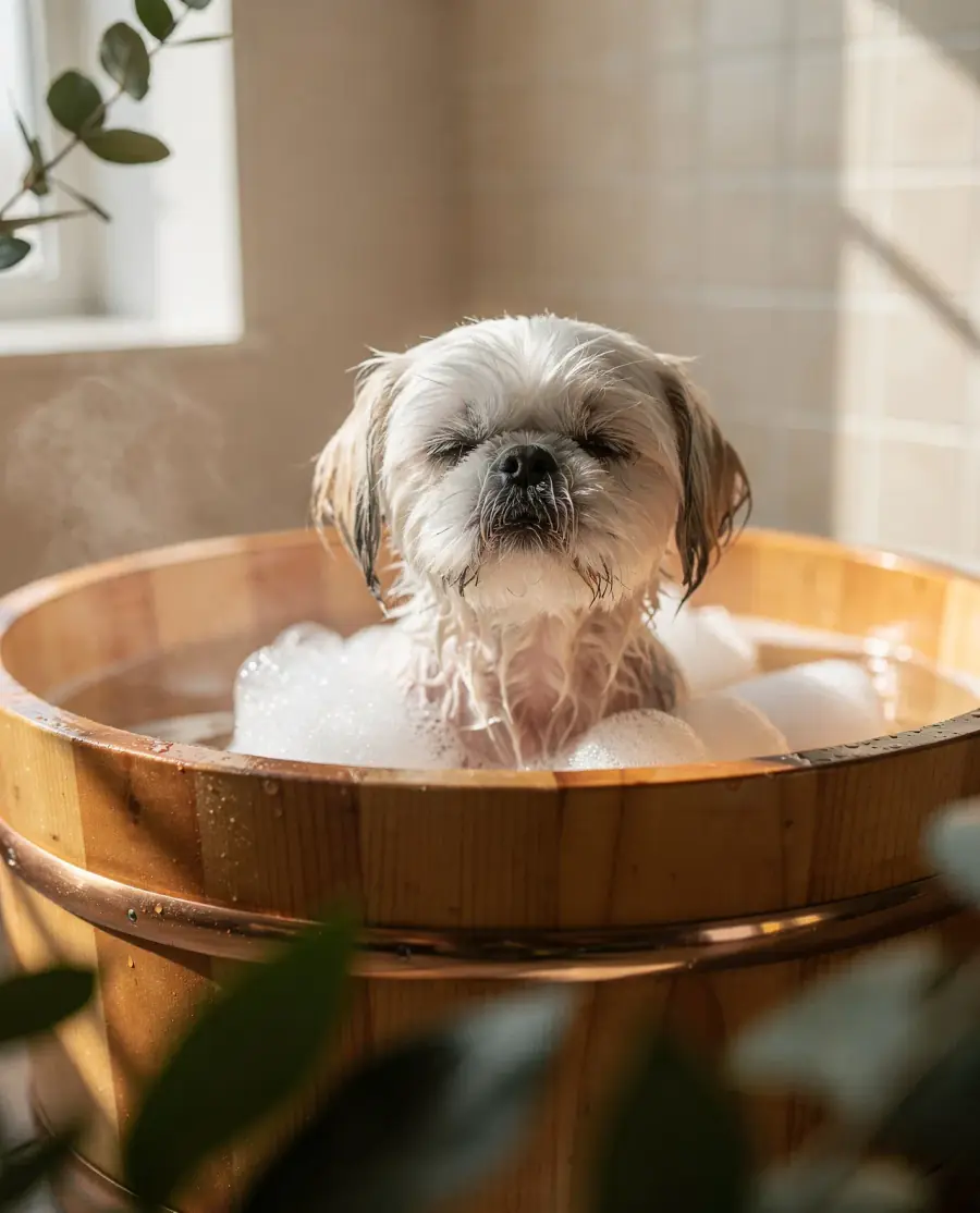 Shih tzu relaxando numa banheira ofurô de madeira com espuma